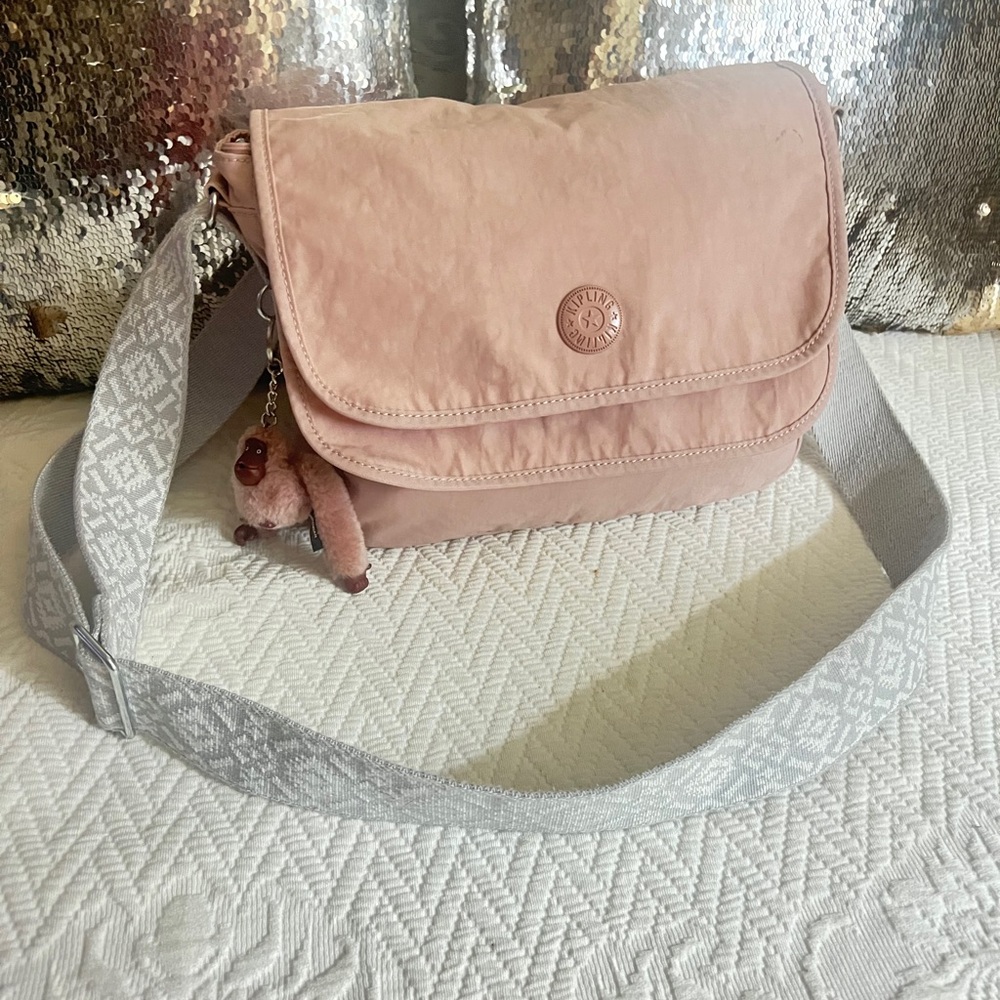 Kipling Pink and Gray Crossbody Bag with Textured Fabric